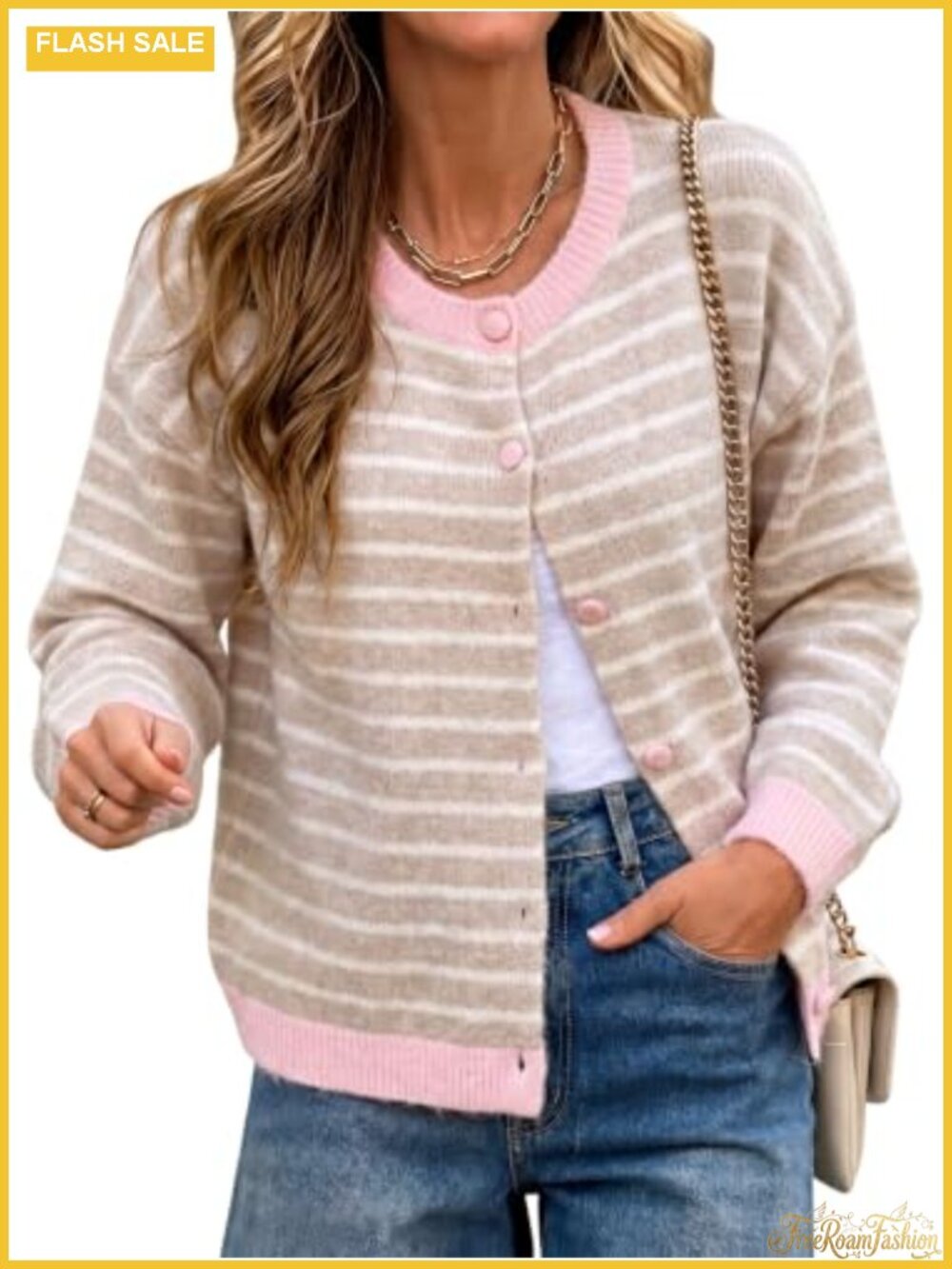 Striped Cardigan Sweater Button Down Crewneck Knitwear Loose Fit